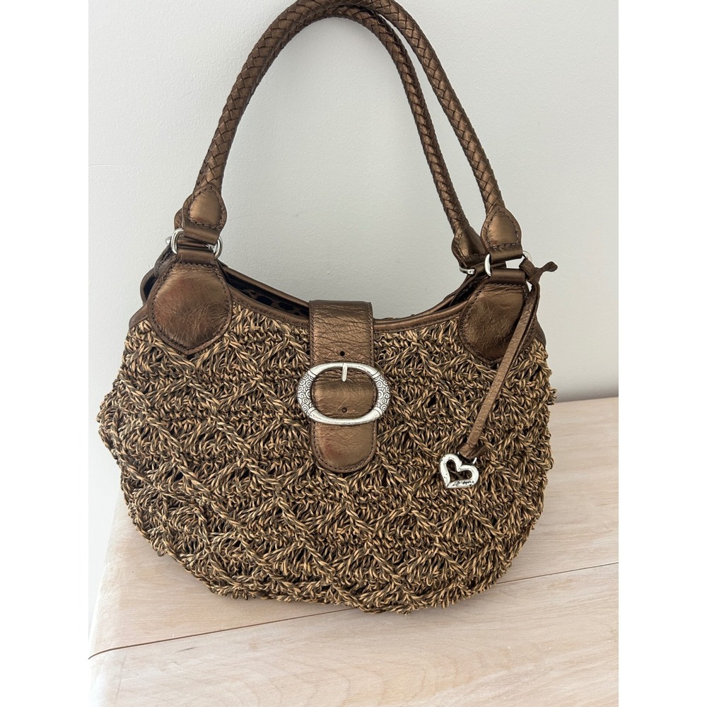 Brighton Hobo Straw Woven Shoulder Bag Braided Leather Trim Heart CharmBoho